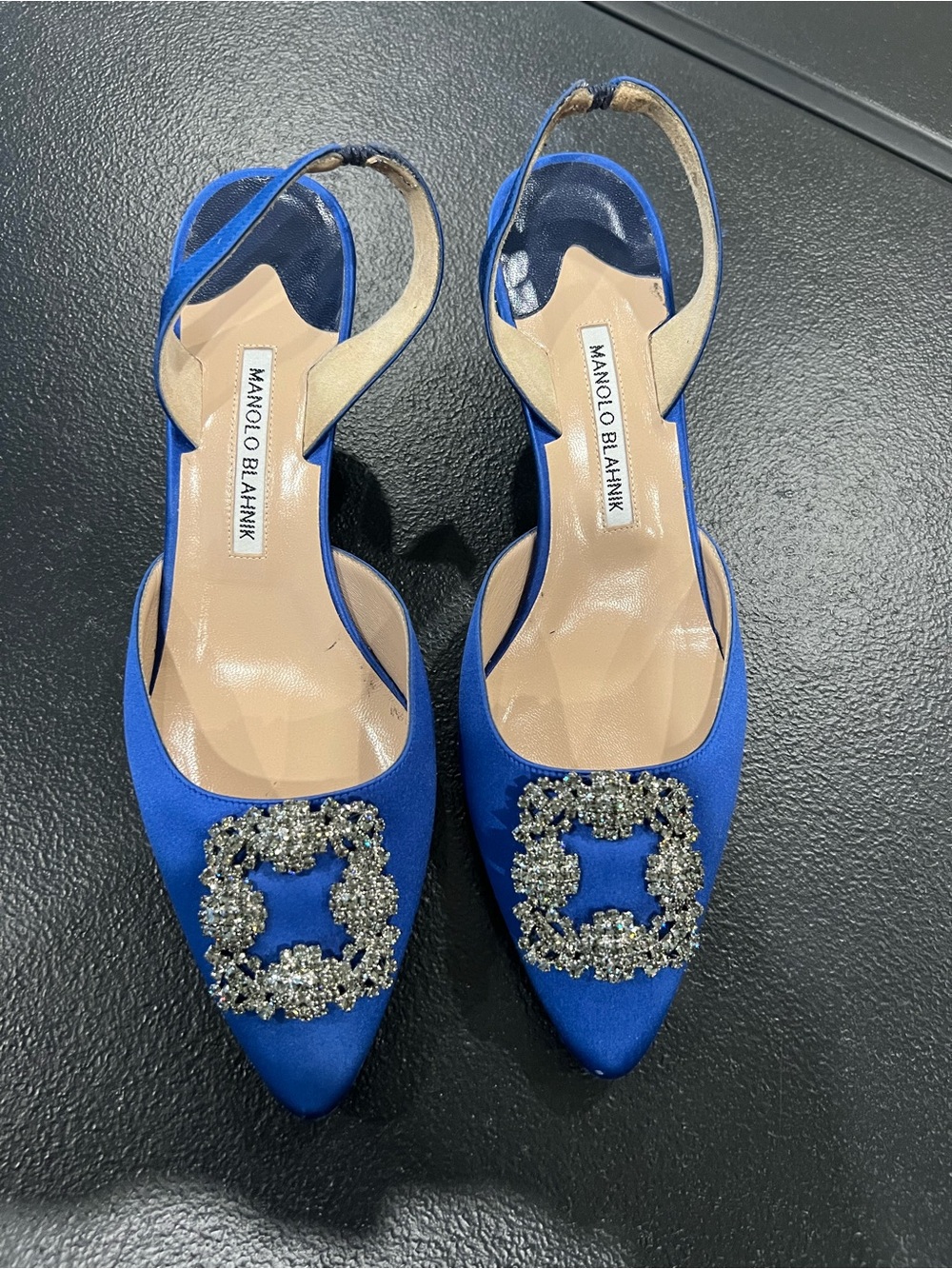 Manolo Blahnik Royal Blue Satin Embellished Slingback Pumps